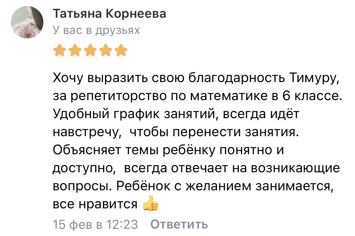 Отзыв Татьяна Корнеева — 6 класс, занятия с Тимуром